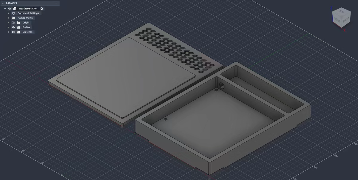 The custom enclosure in Fusion, showing its main compartment and vented sensor section